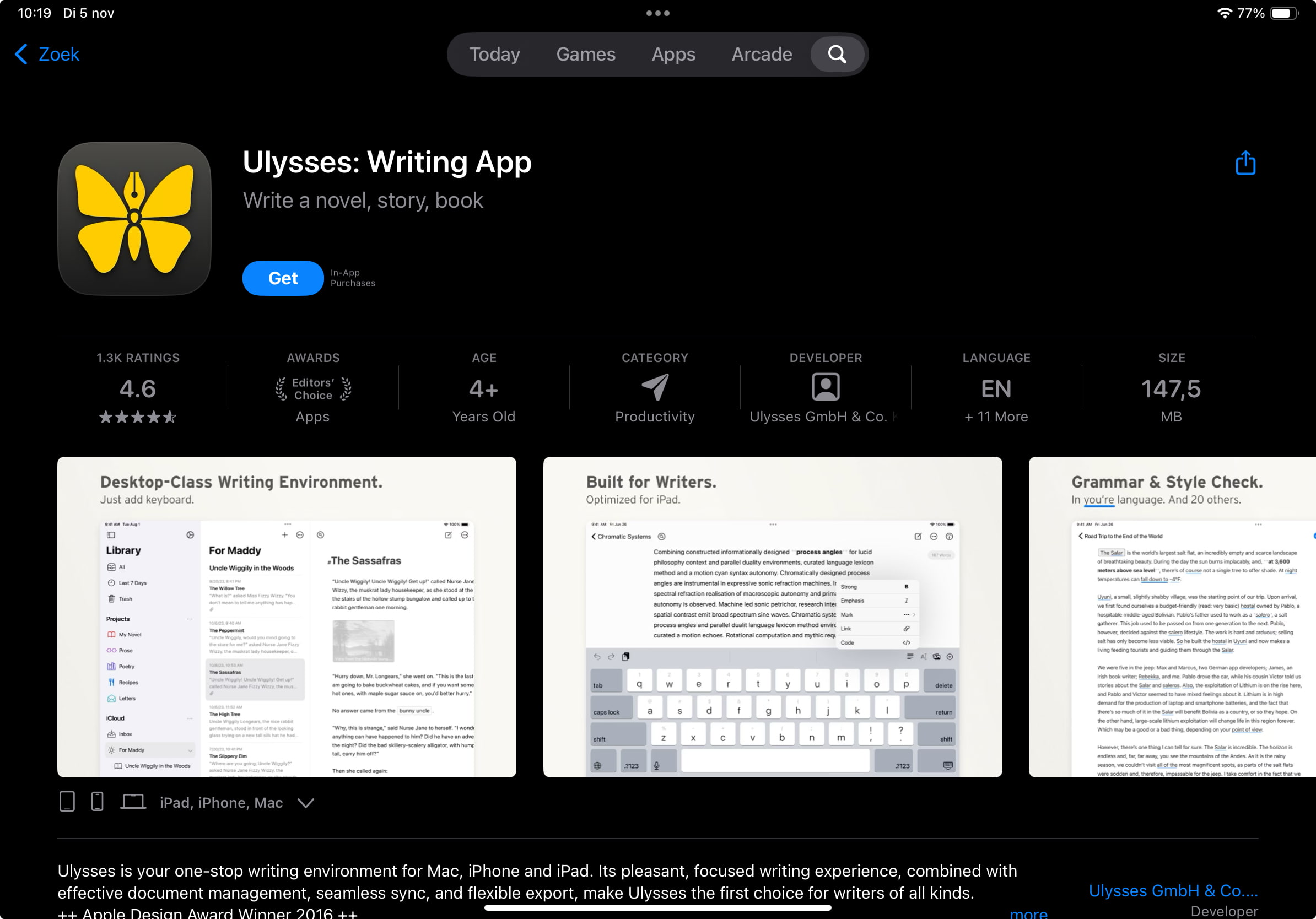 App store listing for Ulysses with title and subtitle 