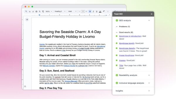 Yoast SEO for Google Docs all green traffic light SEO and readability analyses