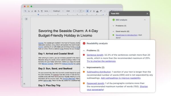 Readability Analysis in Google Docs Yoast SEO add-on