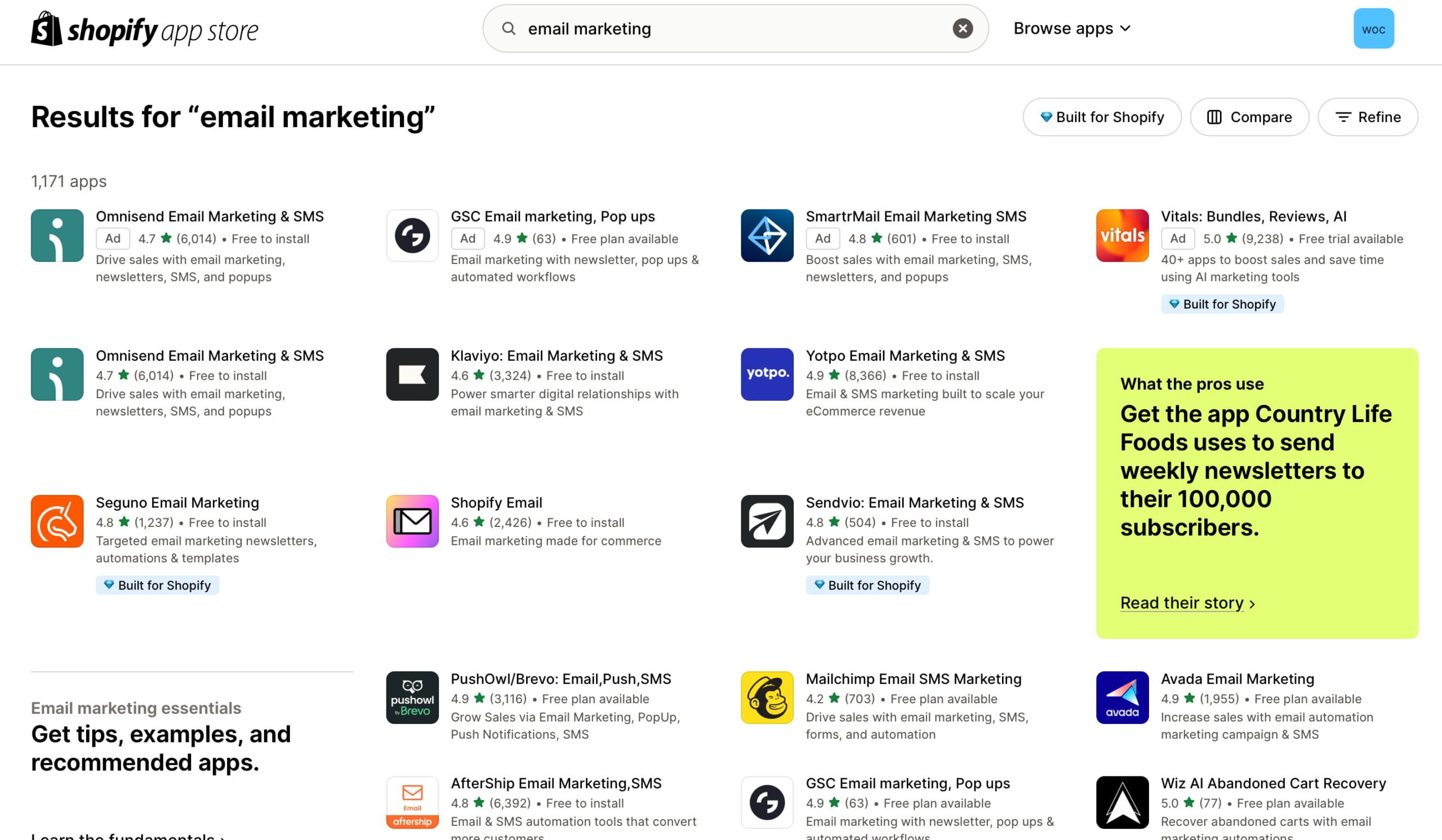 an example of a search result for shopify apps related to email marketing