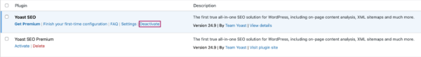 Screenshot shows "Deactivate" for Yoast SEO in the Plugins section.