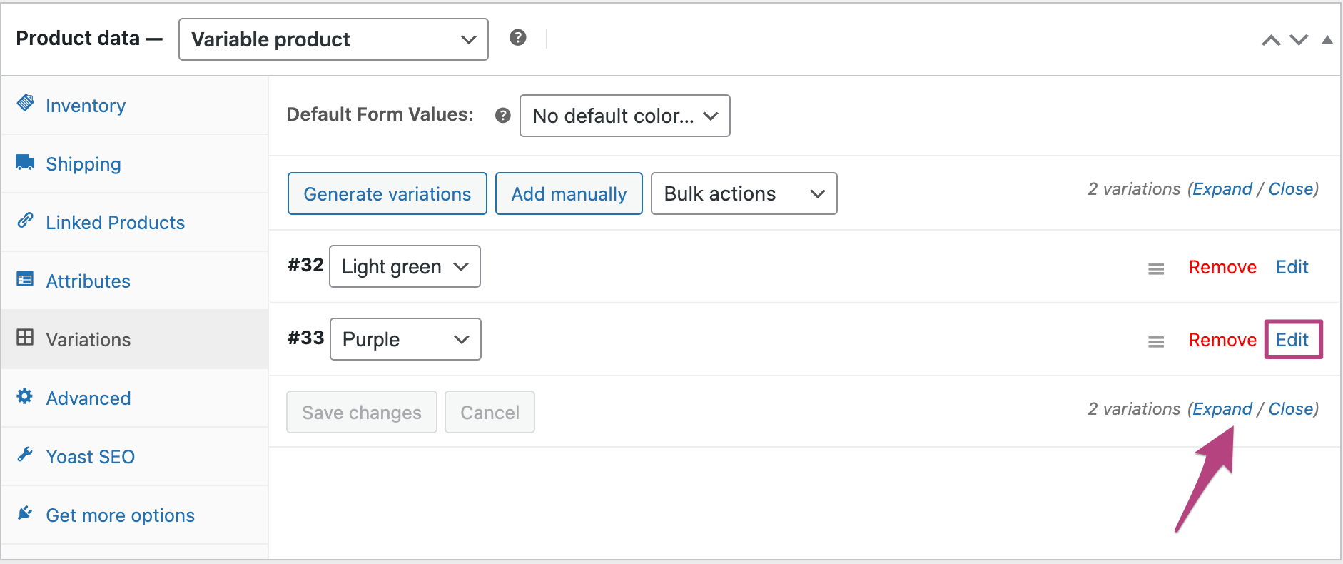 Screenshot showing expand and edit variations of variable product in WooCommerce