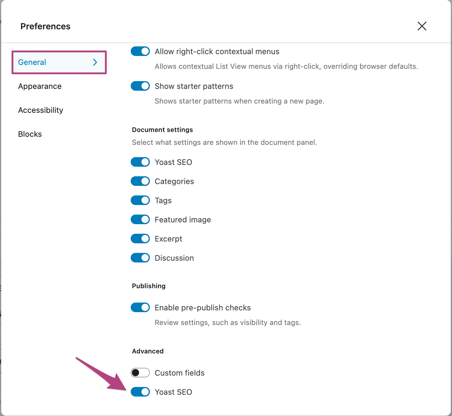 Screenshot showing the General section of the Preferences menu item