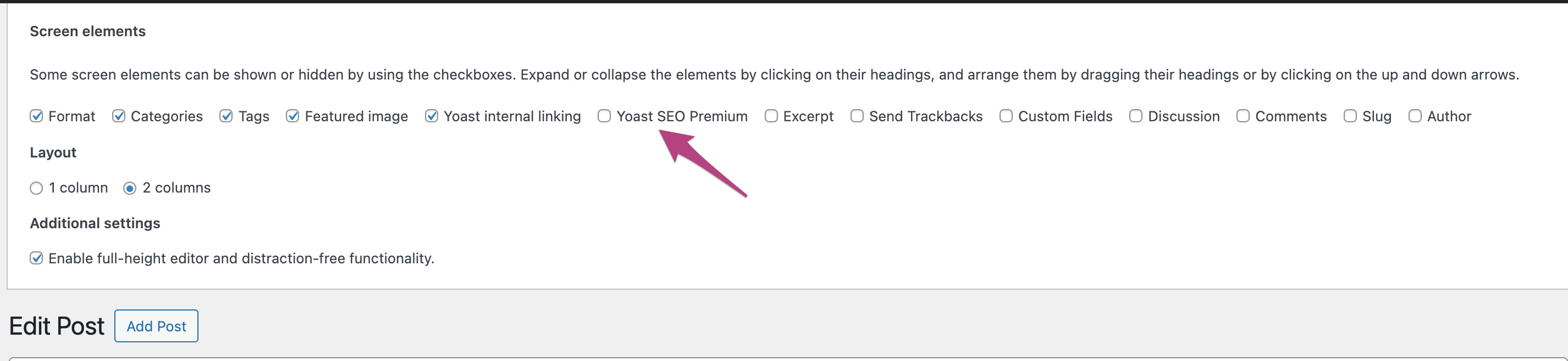 Screenshot of the list of screen elements after expanding screen options.