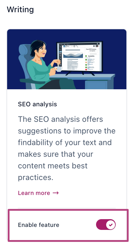 Screenshot showing the switch to enable of disable the SEO analysis in Yoast SEO