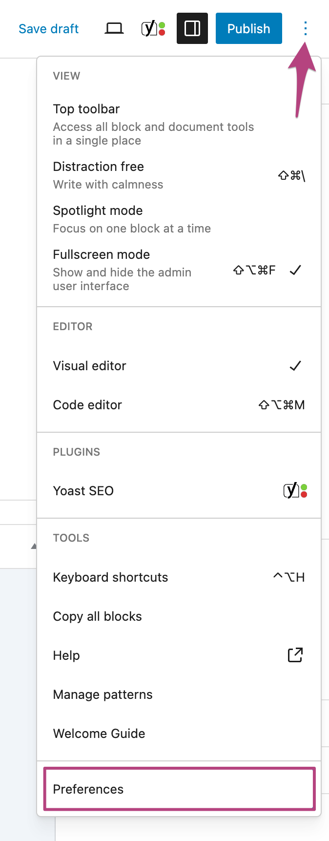 Screenshot showing the Preferences menu item from the post edit screen. 