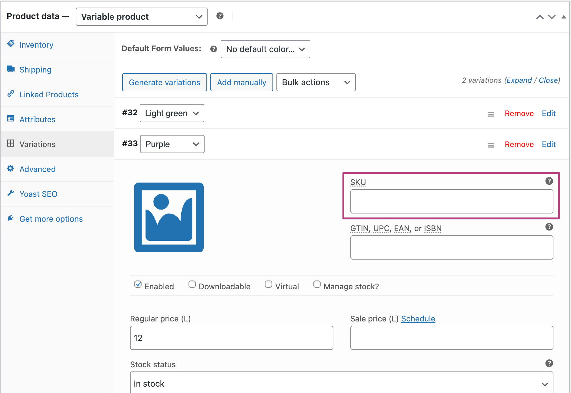 Screenshot showing SKU input field for product variations in WooCommerce