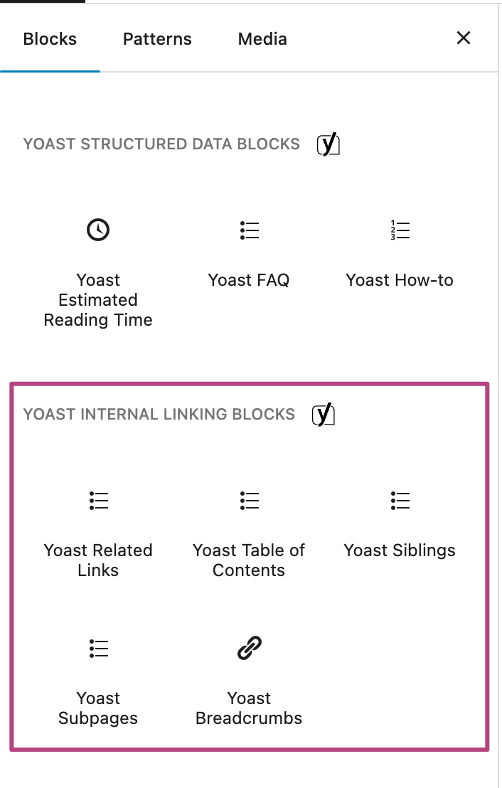 Screenshot showing the Yoast Internal Linking Blocks inside WordPress editor