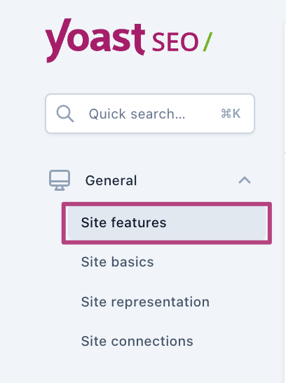 Screenshot showing the site features menu item in the general settings of Yoast SEO