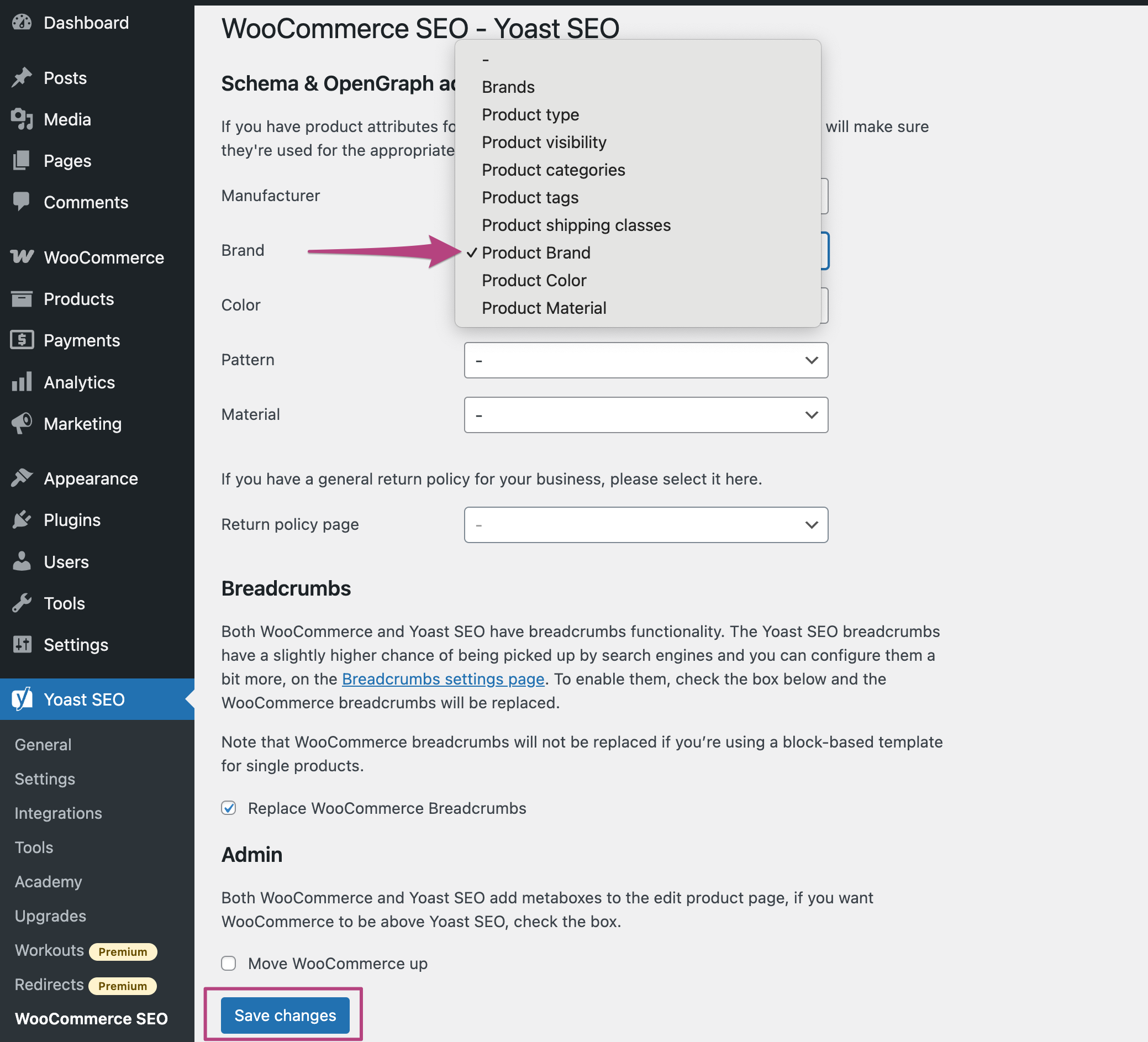 Screenshot showing how to select the product brand attribute in the dropdown menu inside WooCommerce SEO
