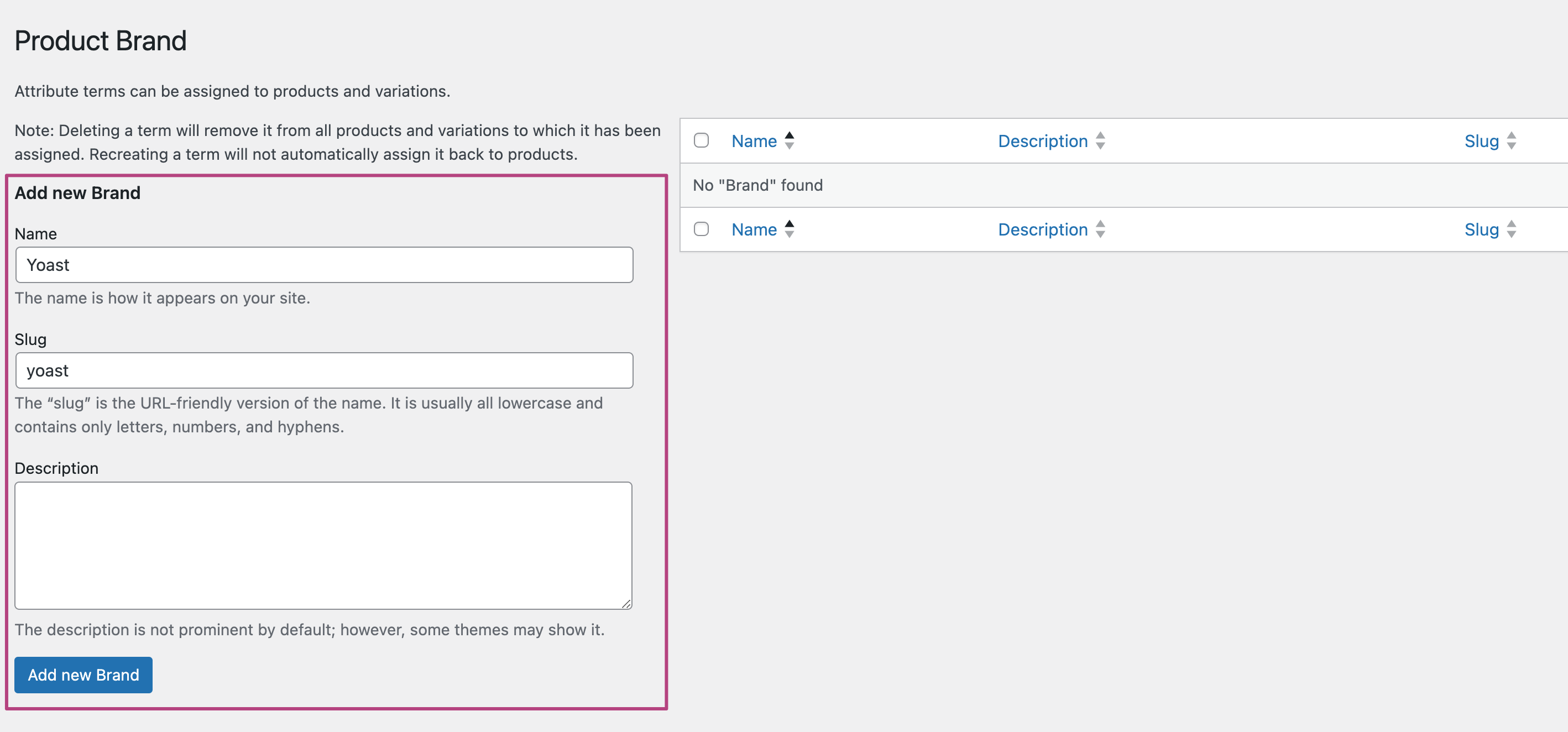 Screenshot showing terms for attribute Brand