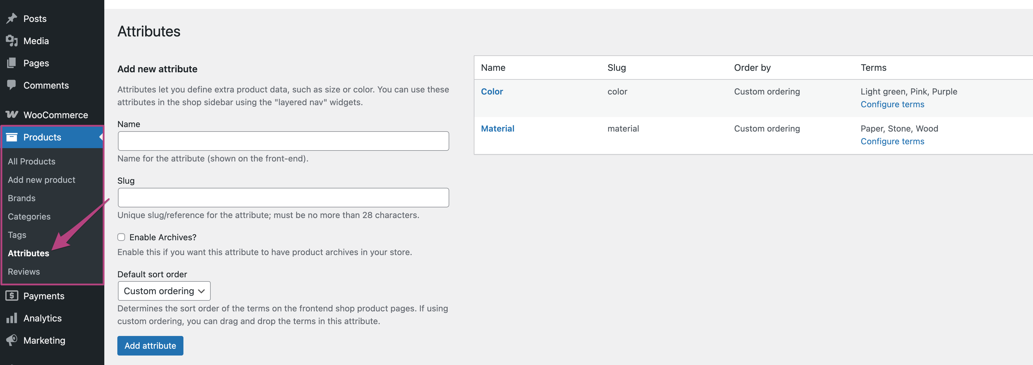 Screenshot showing product attributes in WooCommerce