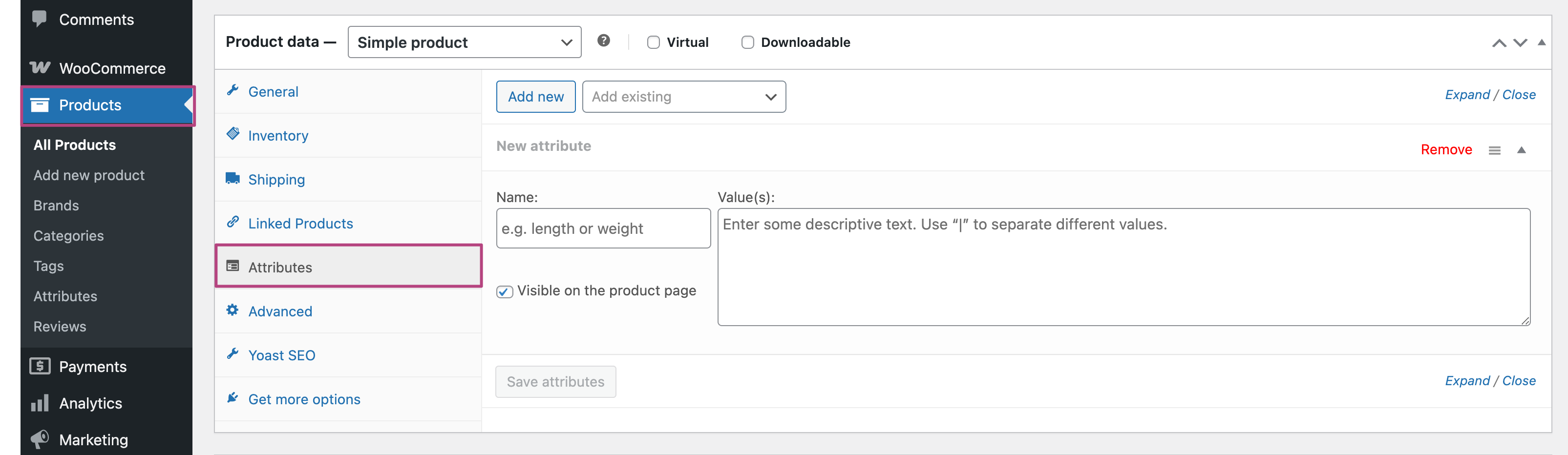 Screenshot showing Attributes tab in product data box