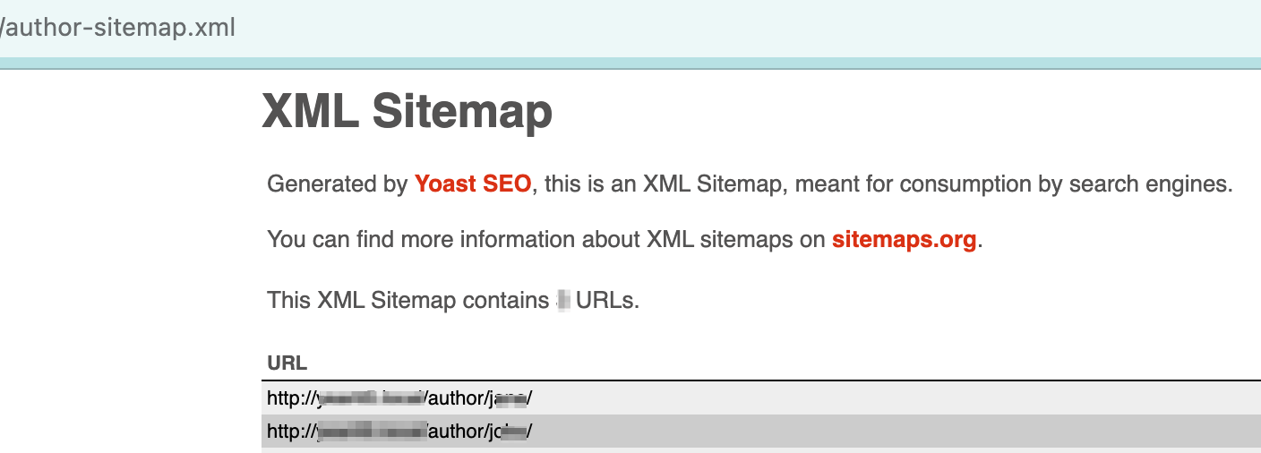 Screenshot showing list of authors in author sitemap.