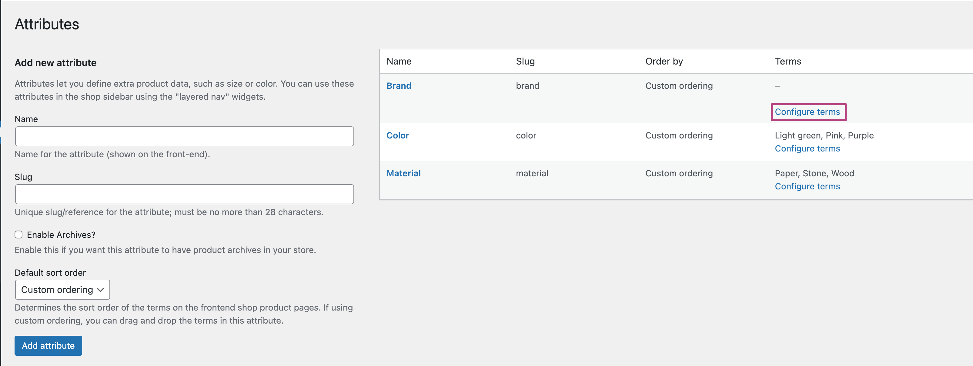 Screenshot showing how to configure attribute terms
