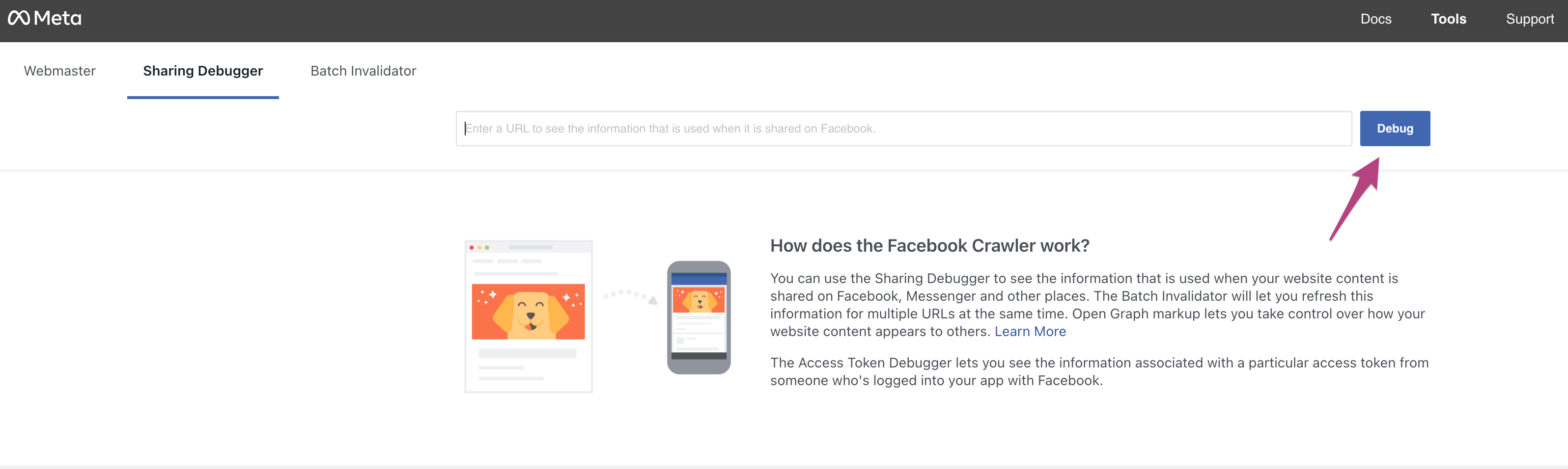 Screenshot showing the Debug button in FaceBook Debugger Tool