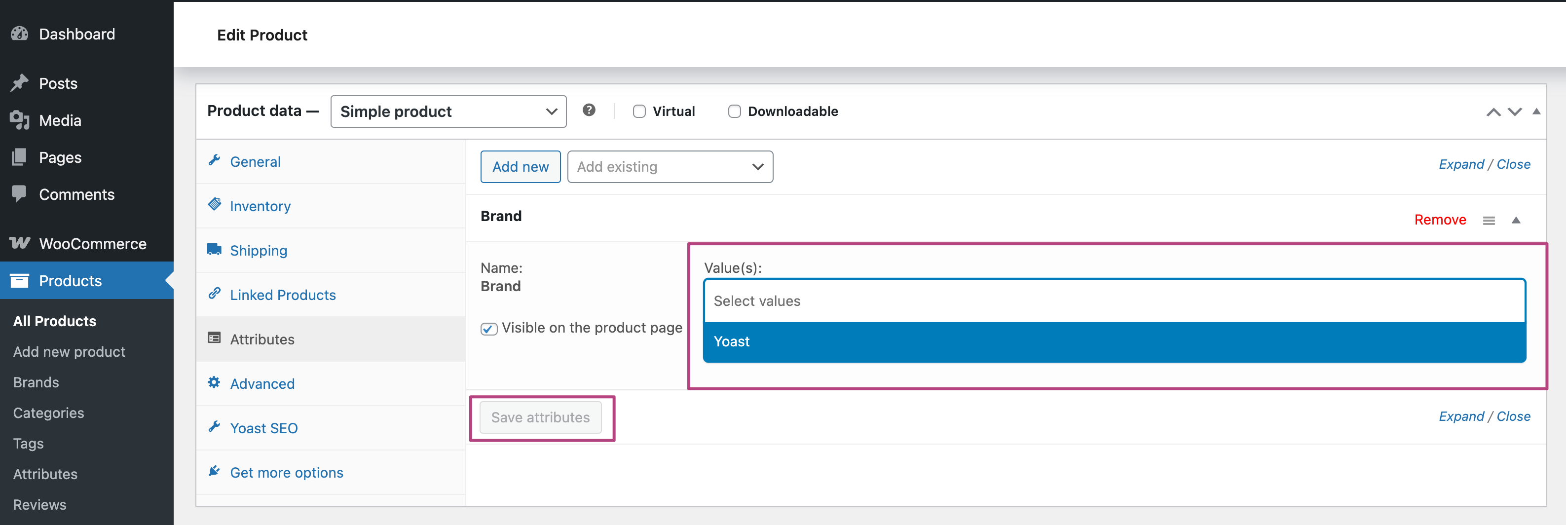 Screenshot showing the value of product attribute "Brand" and the save attribute button.