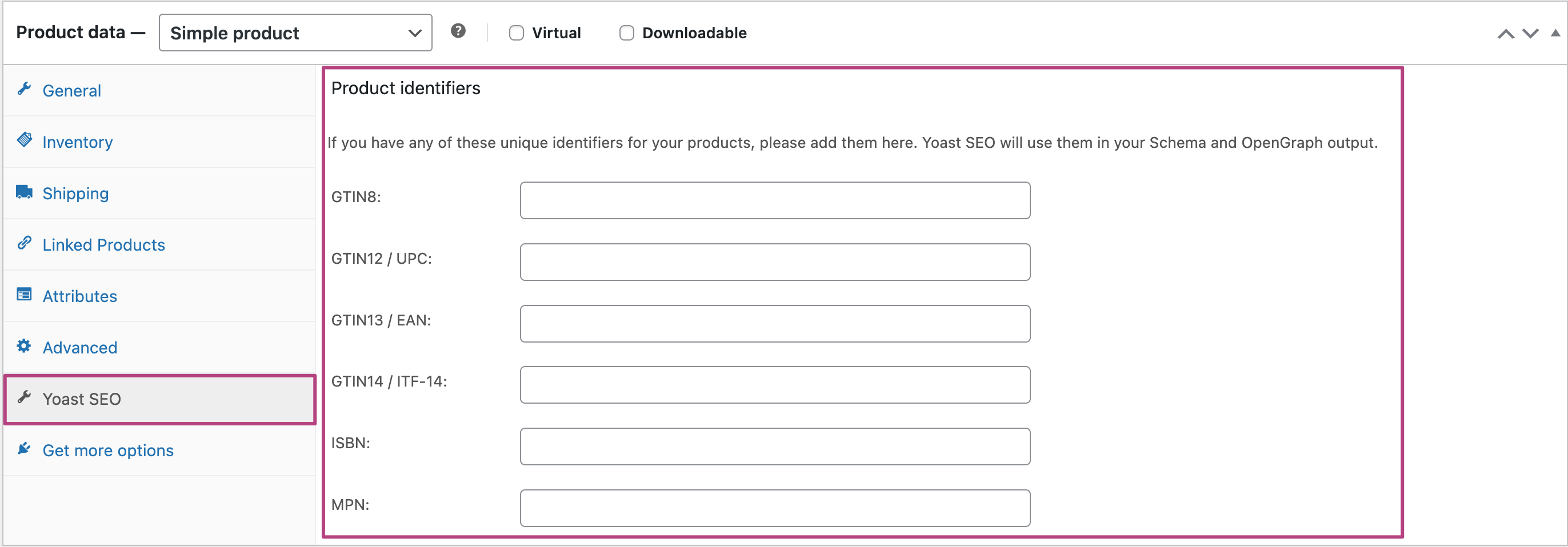 Screenshot showing the product identifier section in WooCommerce SEO