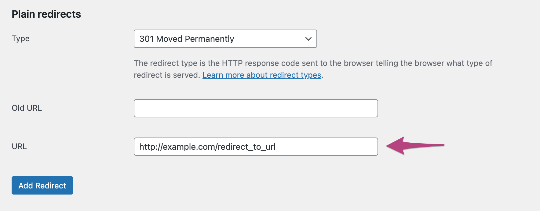 Screenshot showing the target URL as http://example.com/redirect_to_url