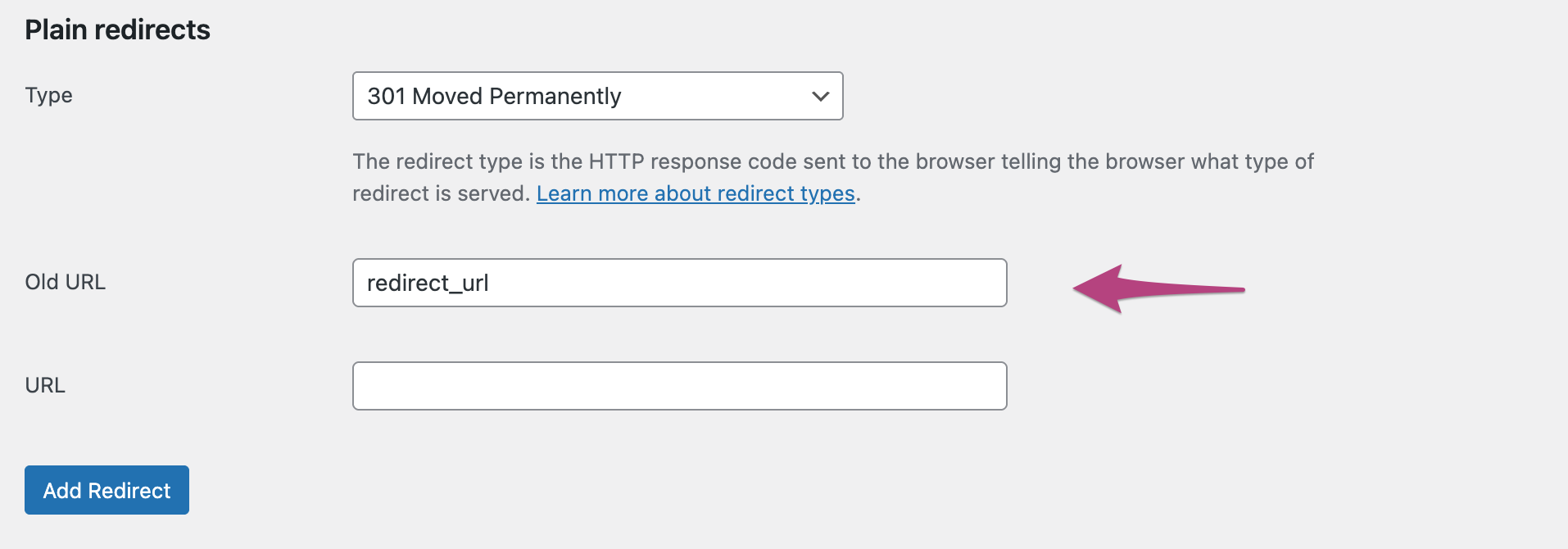 Screenshot showing the old URL as redirect_url