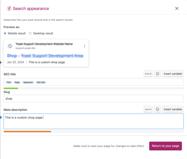 Screenshot showing the search appearance that allows you to edit SEO title, meta description and add insert snippet variable.