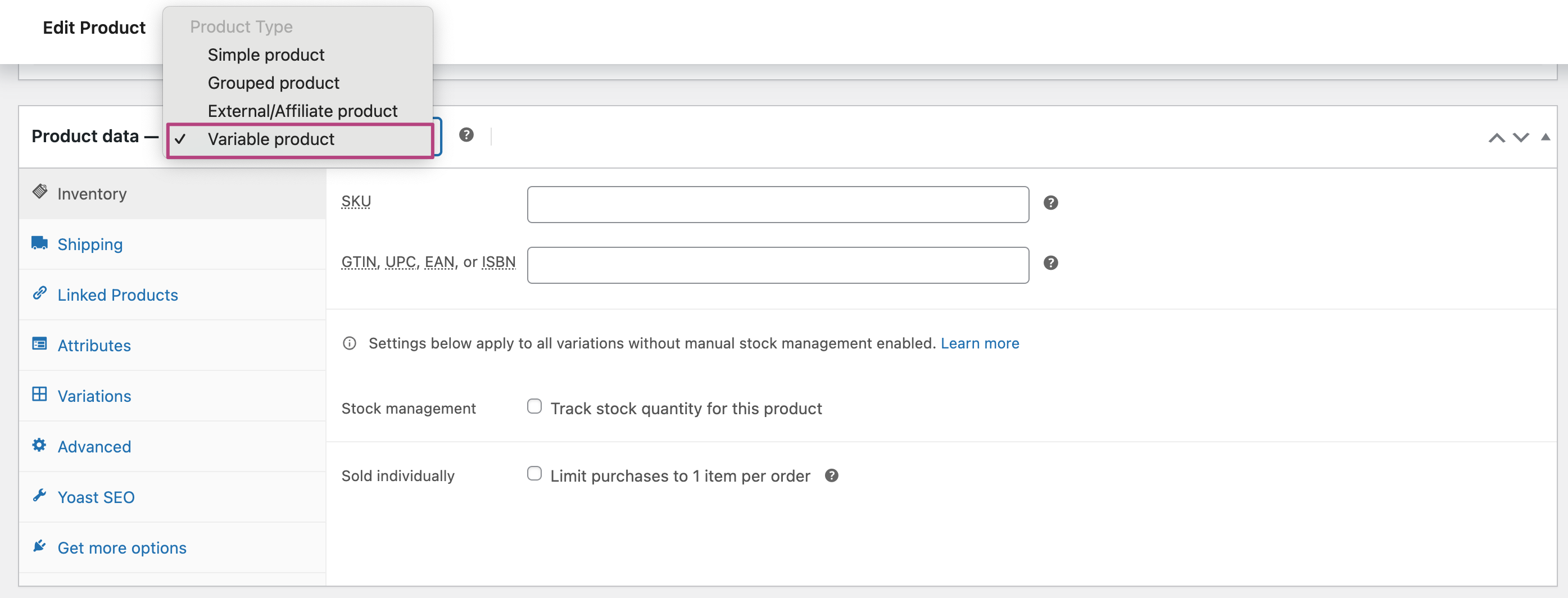 Screenshot showing the SKU field inside variable product.