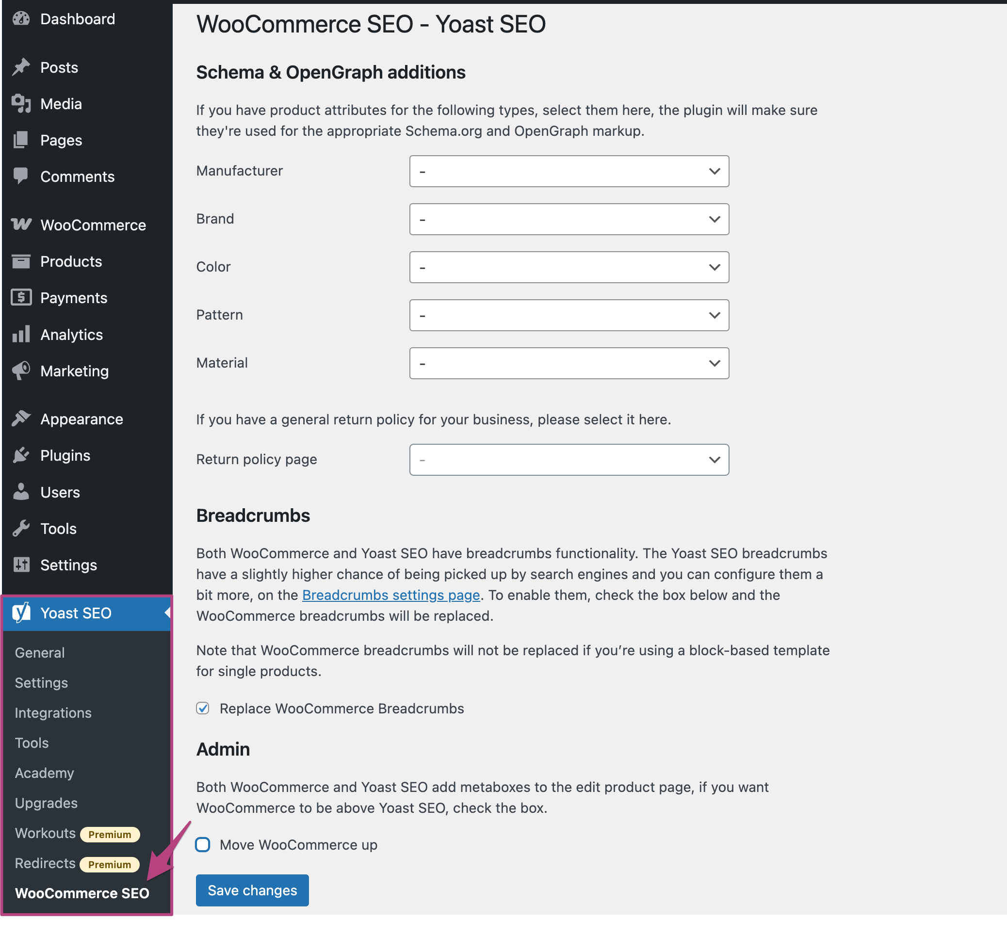Screenshot showing the WooCommerce SEO settings in Yoast SEO