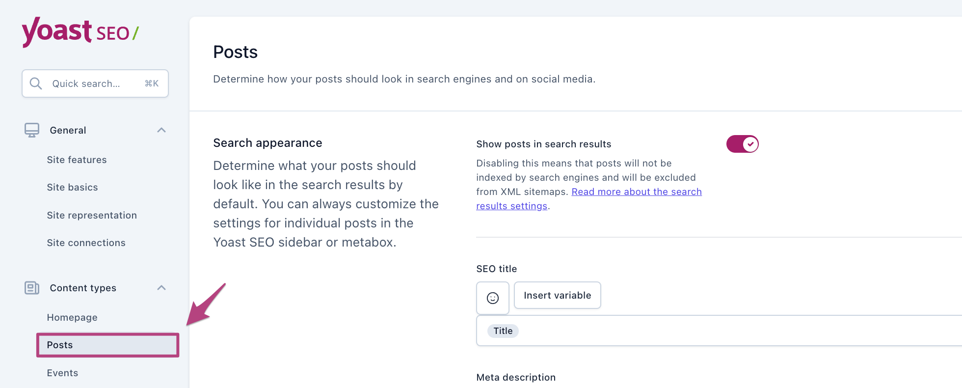 Screenshot of the "Posts" menu item in the Yoast SEO settings.