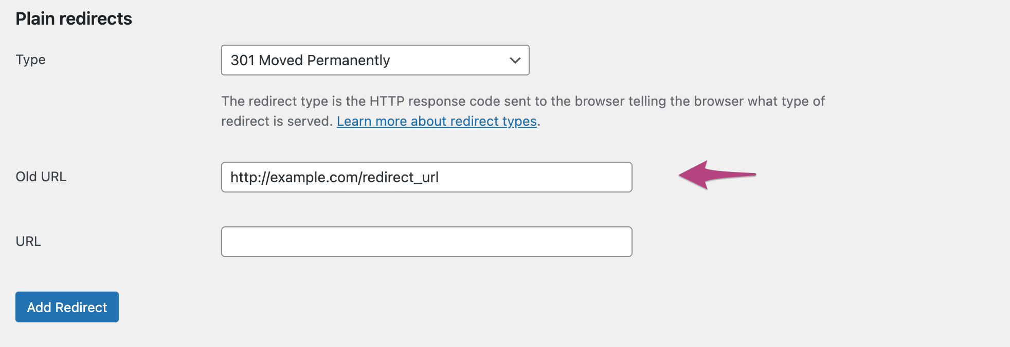 Screenshot showing http://exaple.com/redirect_url as old URL.