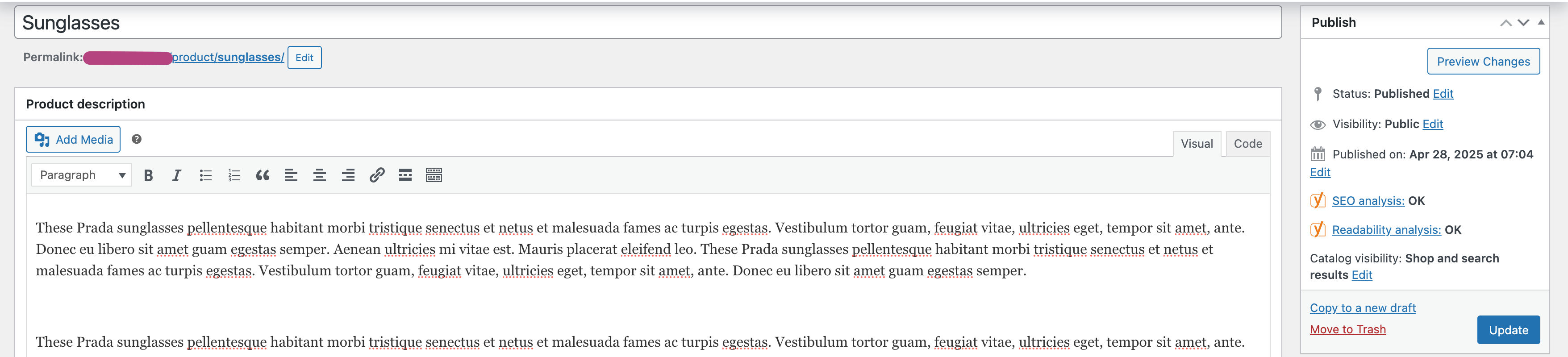 Screenshot showing the update button in WooCommerce product