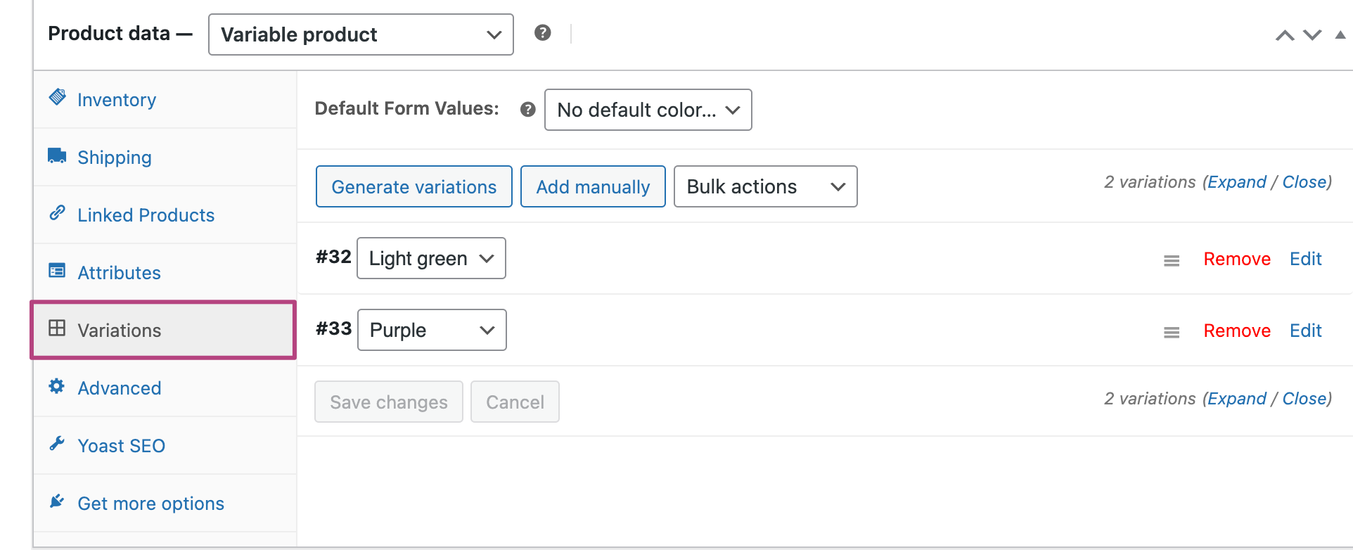 Screenshot showing Variations tab in product data box 