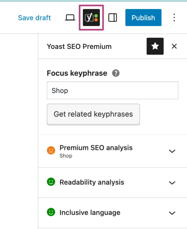 Screenshot showing Yoast SEO sidebar icon