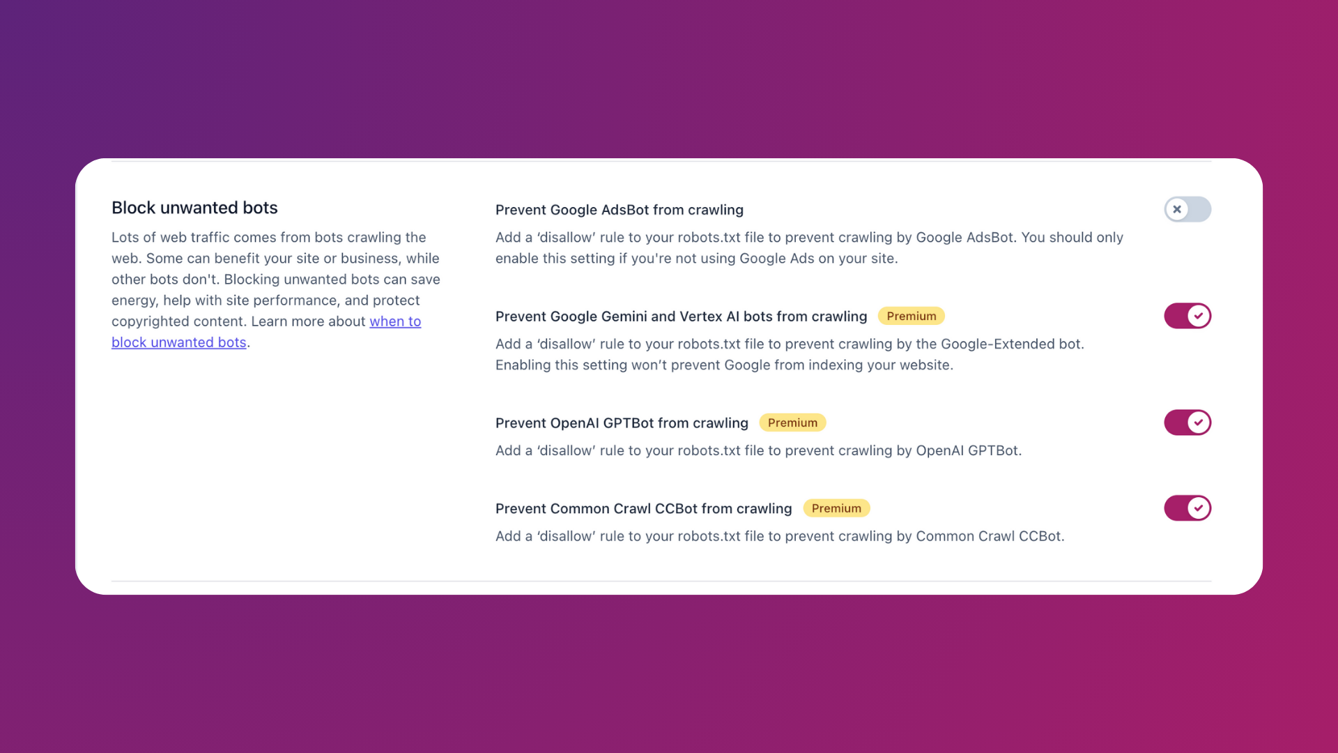 Yoast SEO Bot Blocker blocking specific crawlers like AI Bots from crawling a website