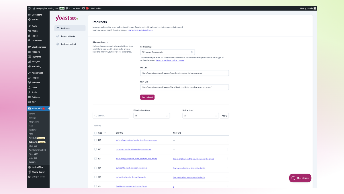 Yoast SEO Redirecte Manager Gradient Background