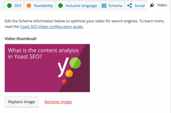 the Video section Yoast SEO showing how to add a video thumbnail to a post