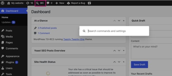 Command palette in adminbar WordPress 7.0
