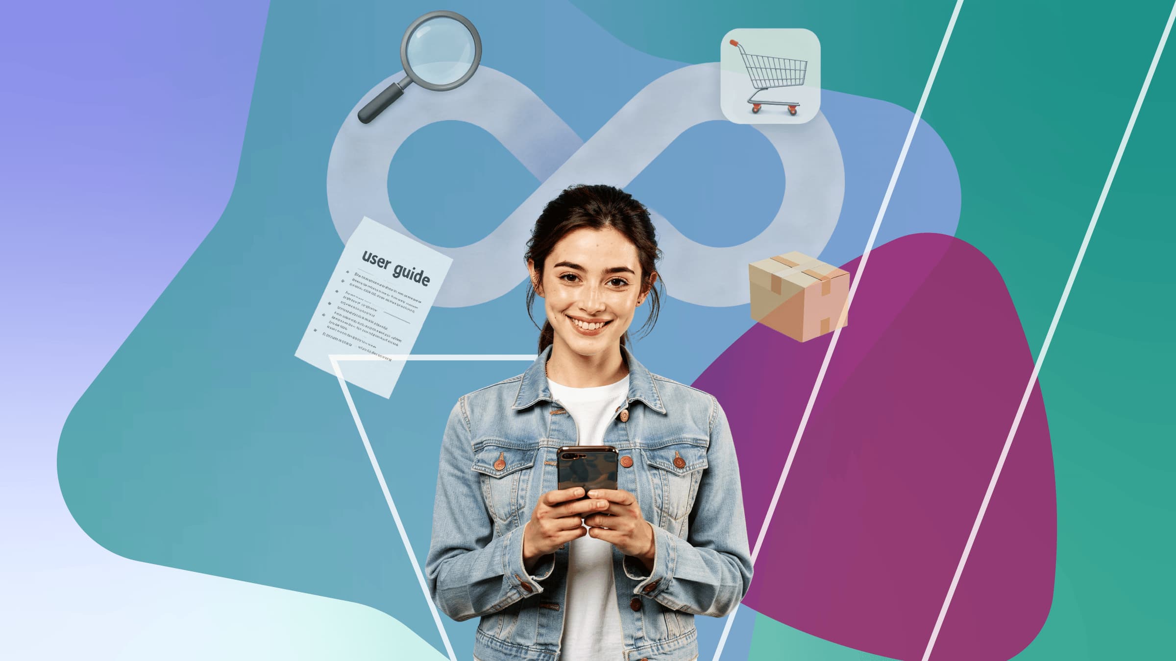 A young white female on her phone with the imagery around representing the sales funnel.
