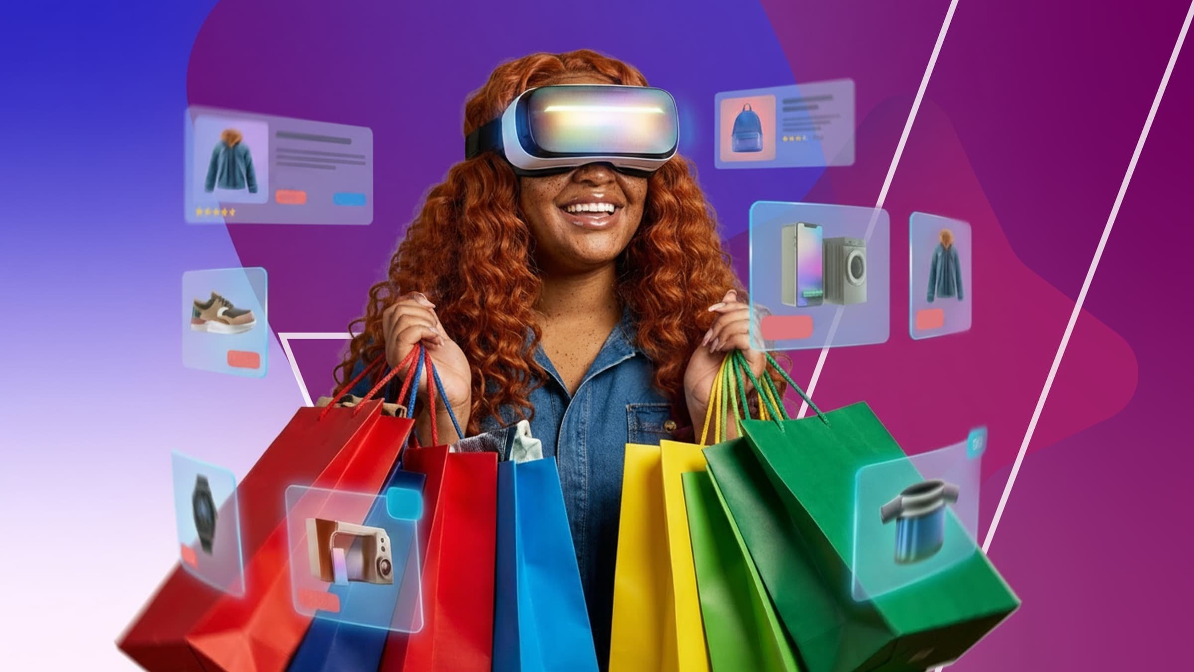 A woman holding shopping bags and wearing a VR headset, browsing products.