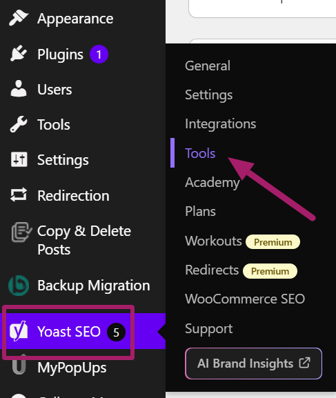 Tools option in the Yoast SEO plugin
