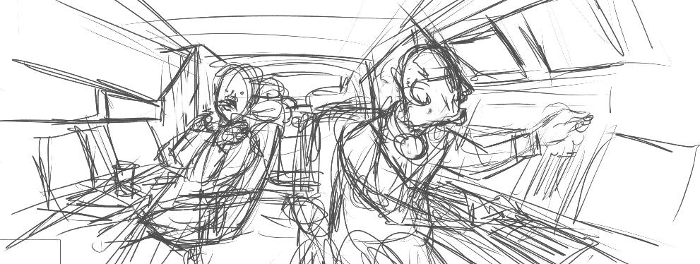 A simple, black and white sketch of two cops in a surveillance van.