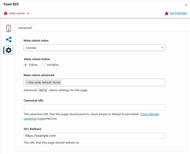Yoast SEO Metabox: Advanced tab with redirect