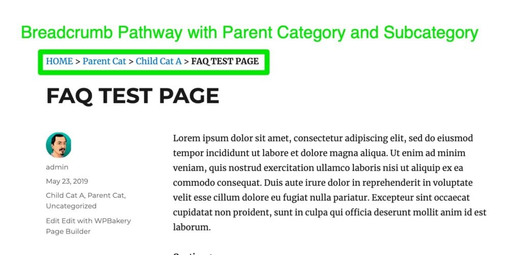 Breadcrumb Pathway with Parent Category and Subcategory