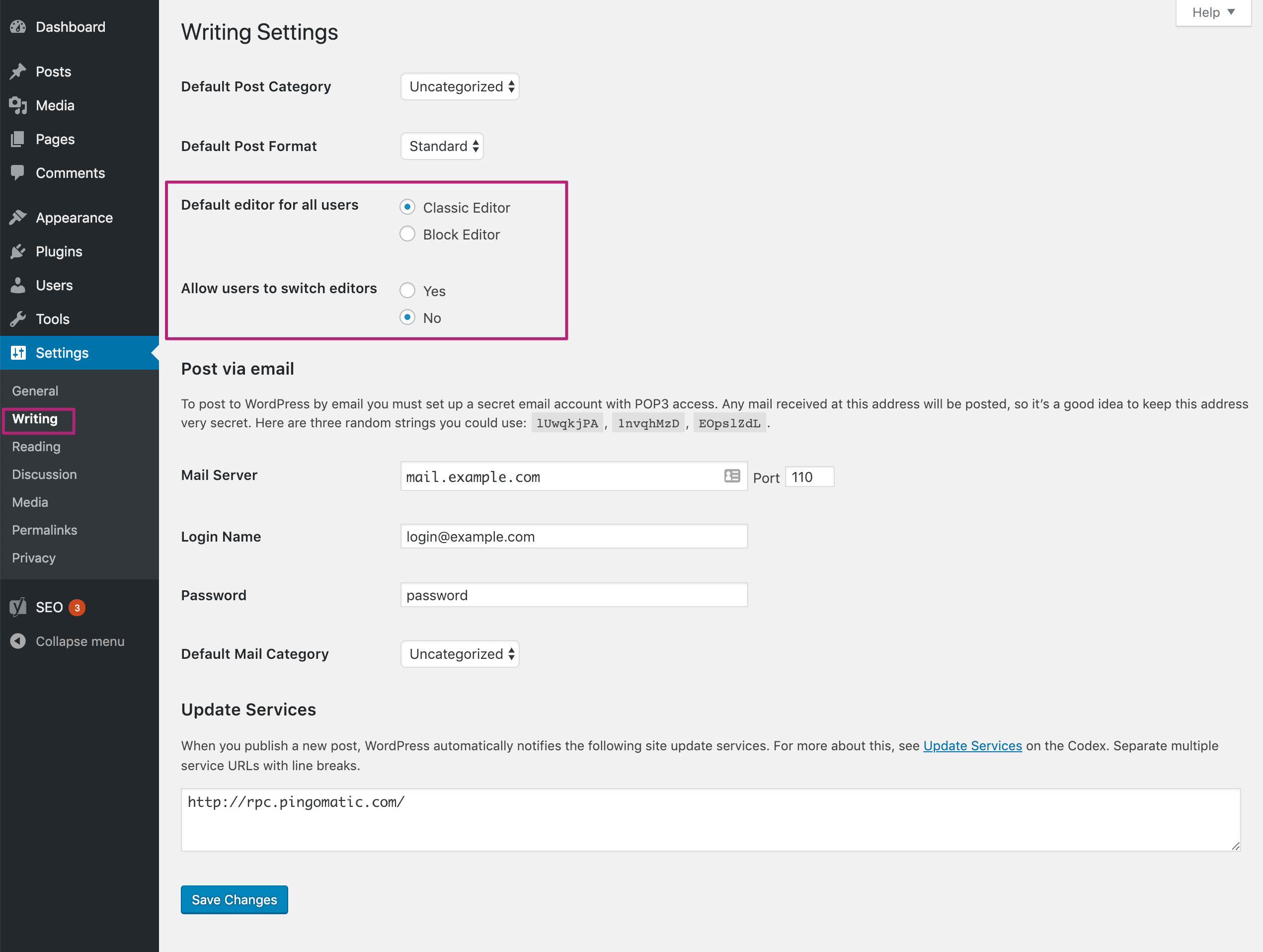 Classic editor settings