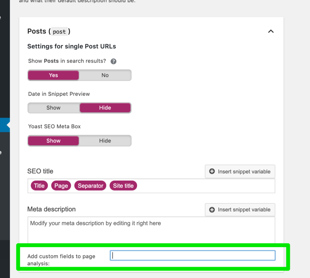 Add Custom Fields to page Analysis input box
