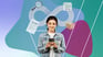 A young white female on her phone with the imagery around representing the sales funnel.