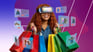A woman holding shopping bags and wearing a VR headset, browsing products.